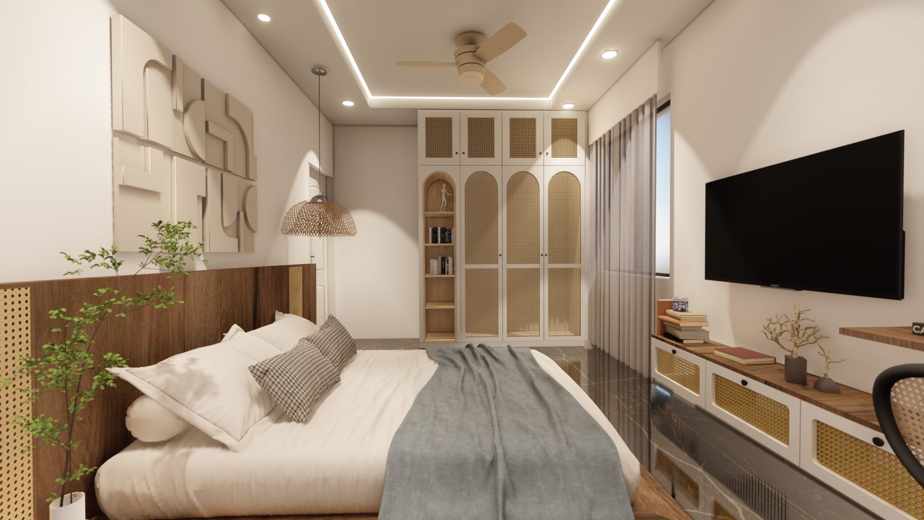 Render — bedroom looking toward the cane wardrobe